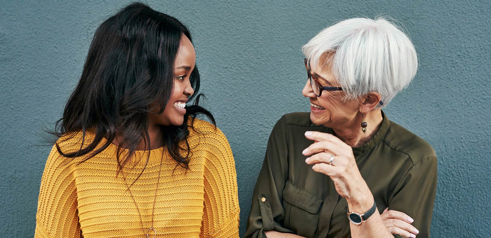 Two women outside talking